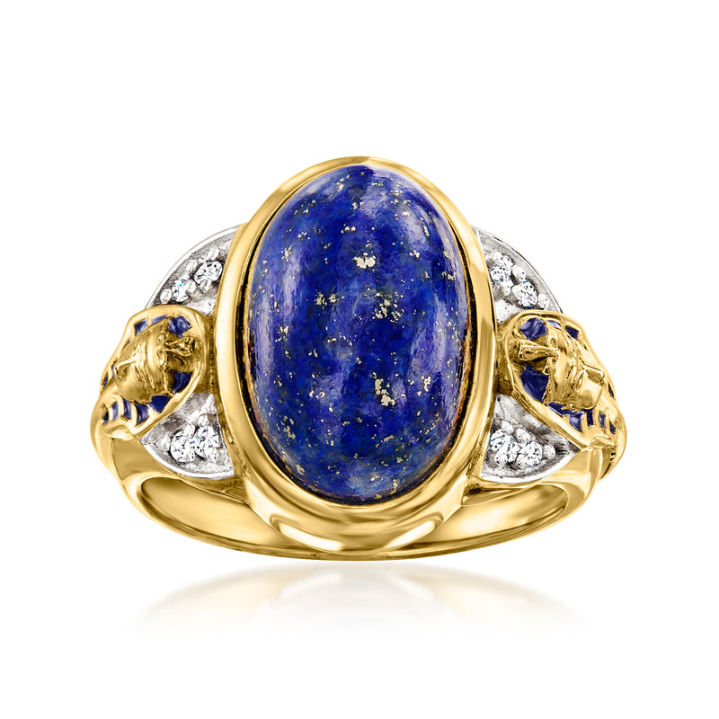 Lapis King Tut ring with white topaz and blue enamel in gold over sterling