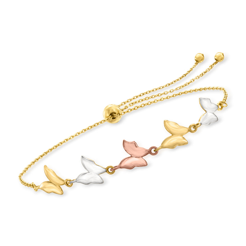 14kt tri-colored gold butterfly bolo bracelet with sliding clasp and chain