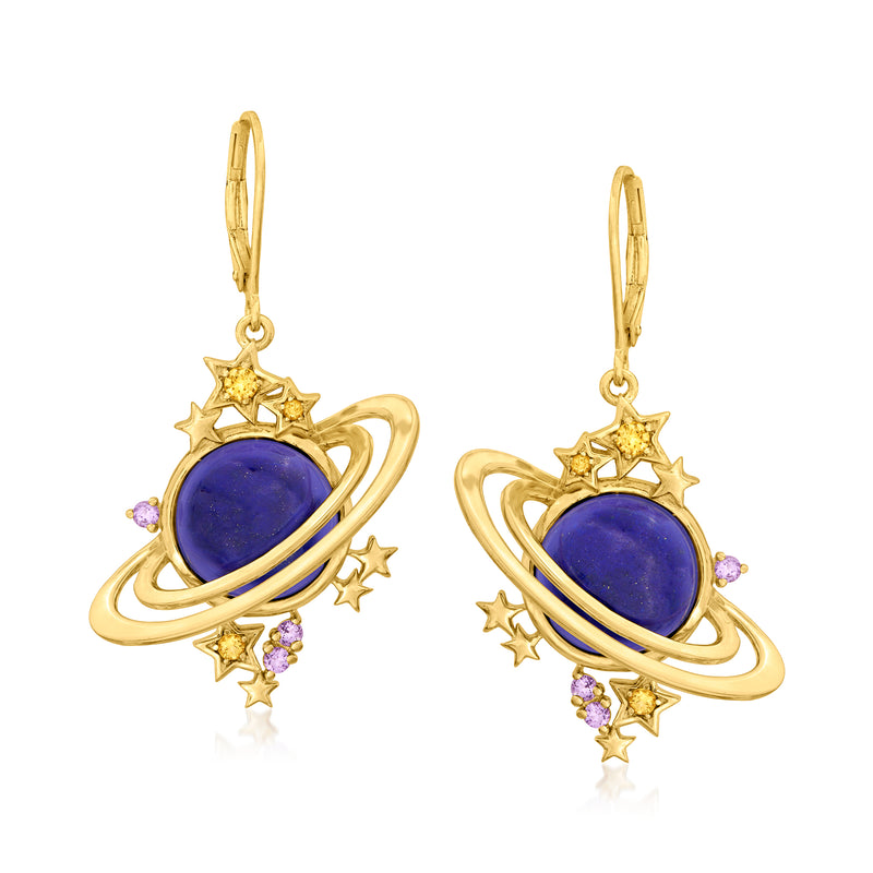 Gold planet drop earrings with deep blue stone, star charms, and small purple accents, leverback