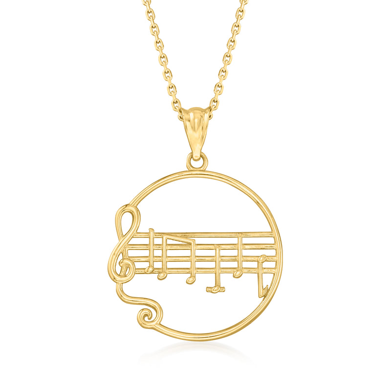 14kt yellow gold music notes circle pendant necklace with round musical motif