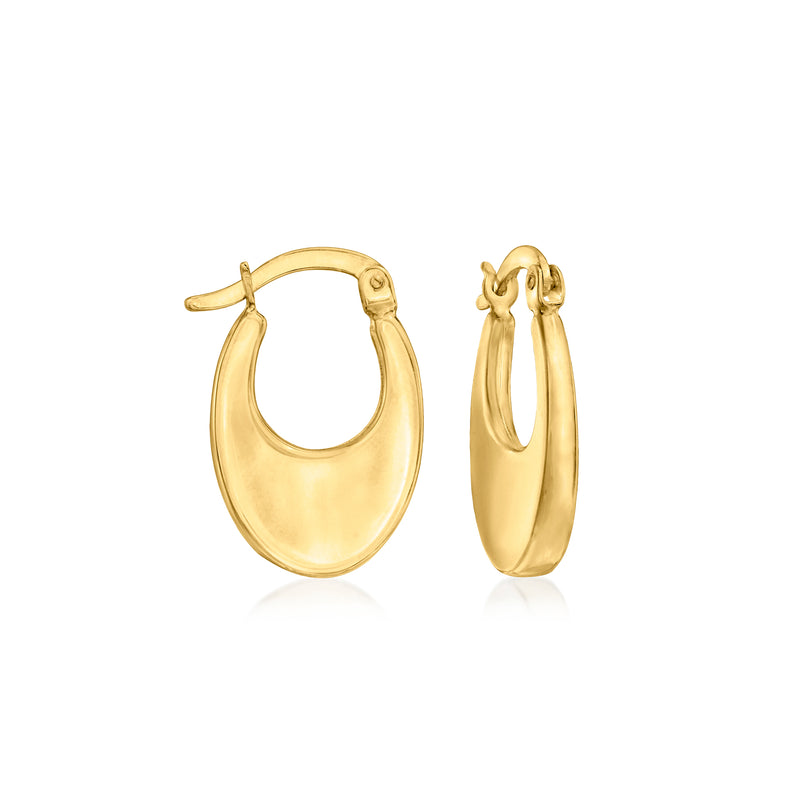 14kt yellow gold flat hoop earrings, rounded profile with small hinge post