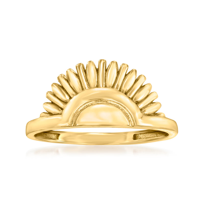 14kt yellow gold rising sun ring with sunburst setting and smooth band