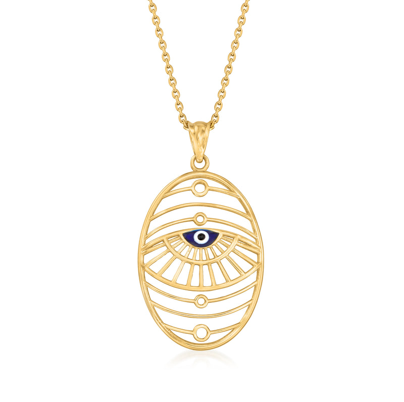 14kt yellow gold evil eye openwork pendant necklace with blue enamel eye