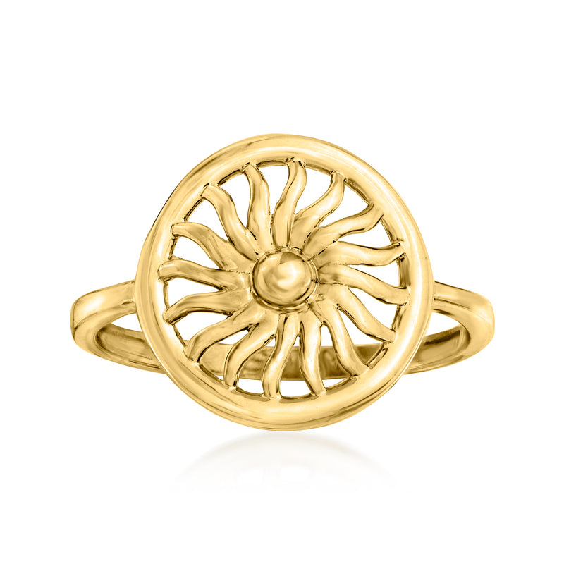 14kt yellow gold ring with sunburst center in a circle