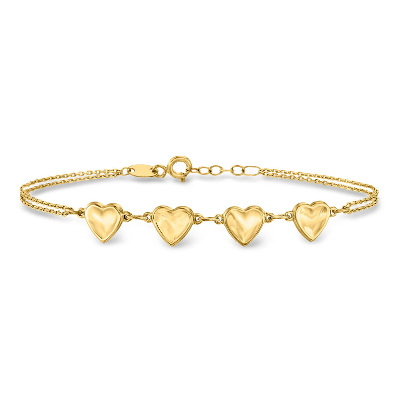 14kt yellow gold bracelet with five heart charms and adjustable chain clasp