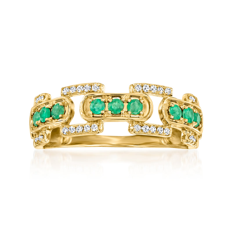 14kt yellow gold link ring with emerald and diamond accents