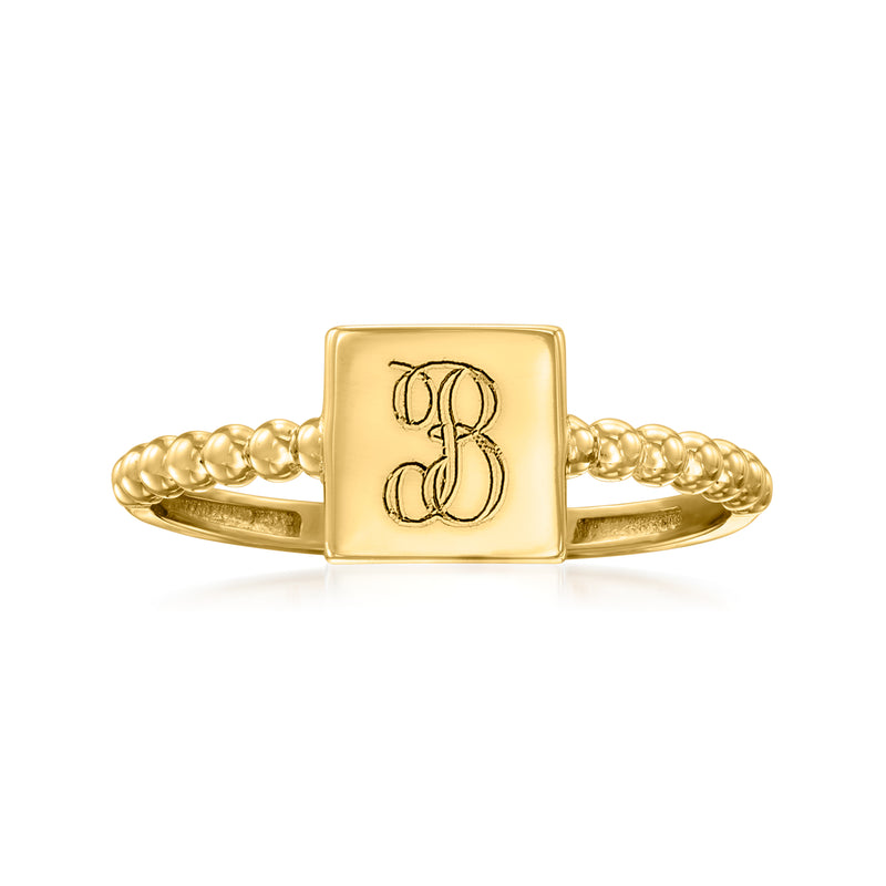 14kt yellow gold square beaded ring with engraved monogram on glossy square face
