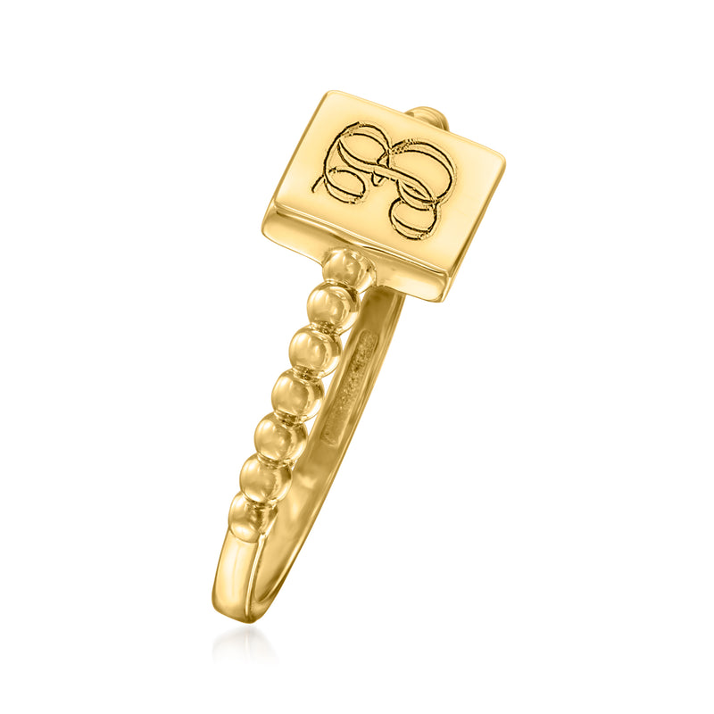 14kt yellow gold ring with square face engraved monogram and bead-textured band