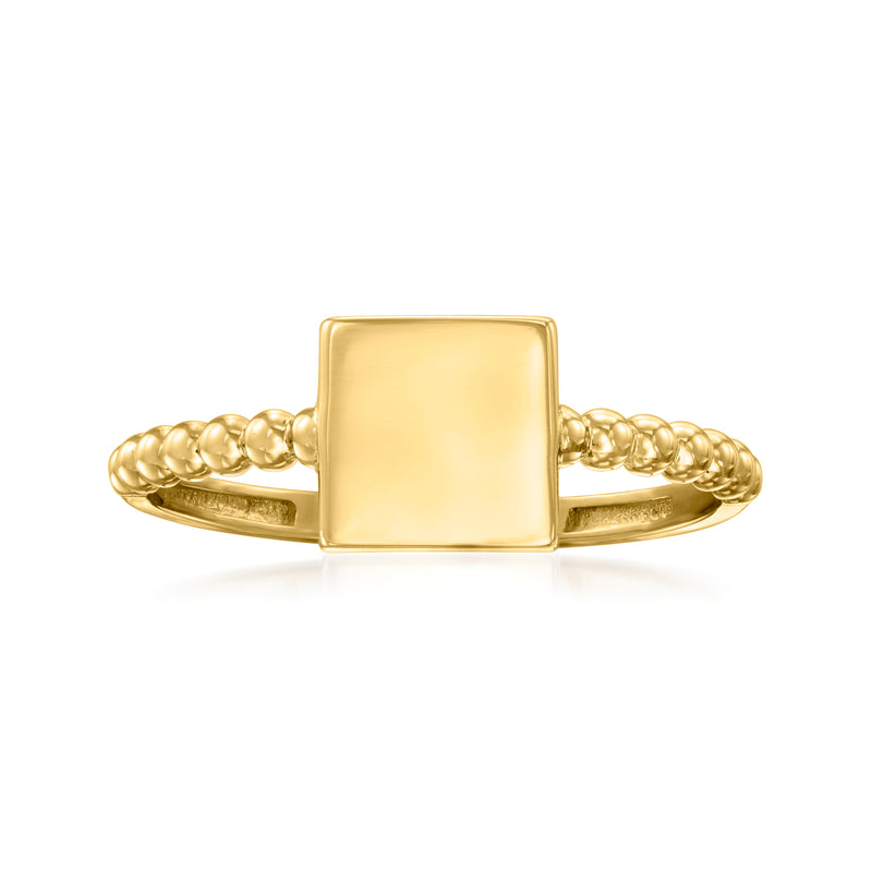 14kt yellow gold square beaded ring with smooth, unengraved glossy square face