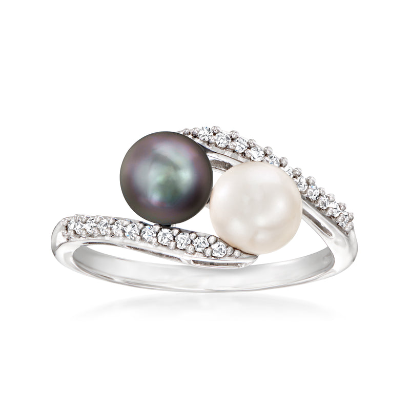 Sterling silver bypass ring with black and white cultured pearls and diamond pave