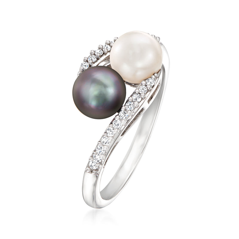 Sterling silver bypass ring with black and white cultured pearls and diamond accents