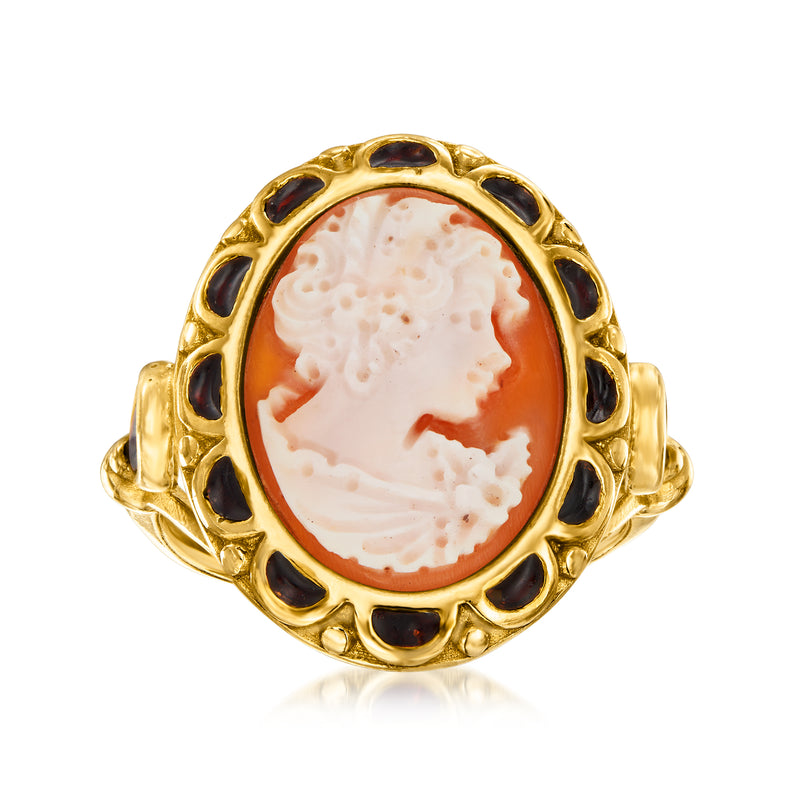 18kt gold over sterling cameo ring, orange shell portrait with black enamel border.
