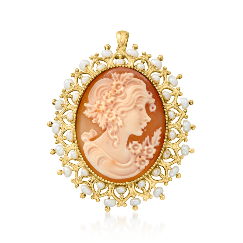 Orange shell cameo pendant with gold-tone filigree and white pearl halo