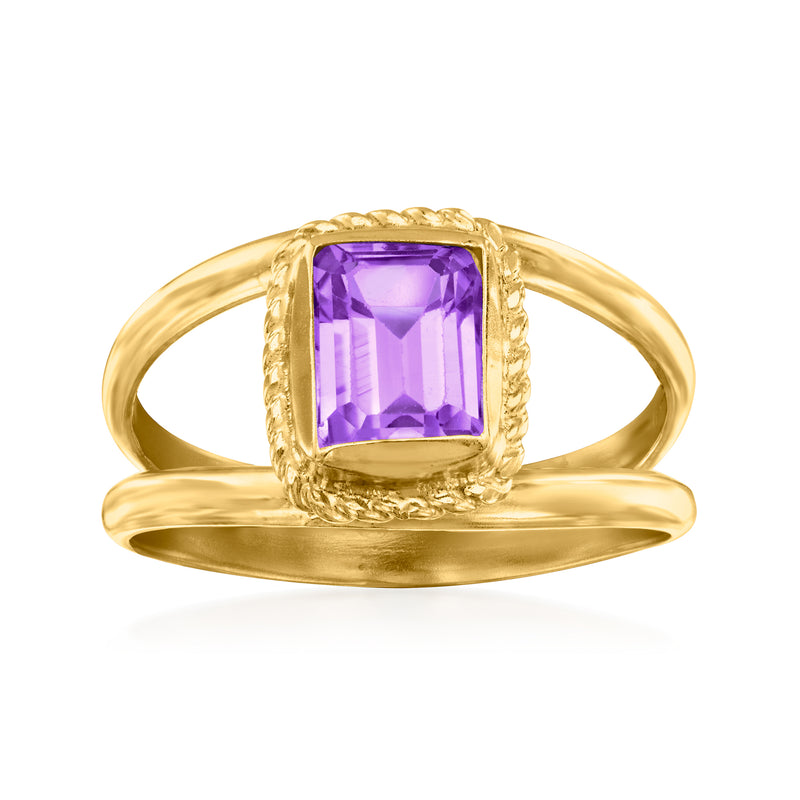 Open-space gold over sterling ring with square purple amethyst and rope halo