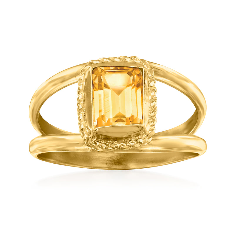 18kt gold over sterling open-space ring with square citrine gemstone and rope-style frame