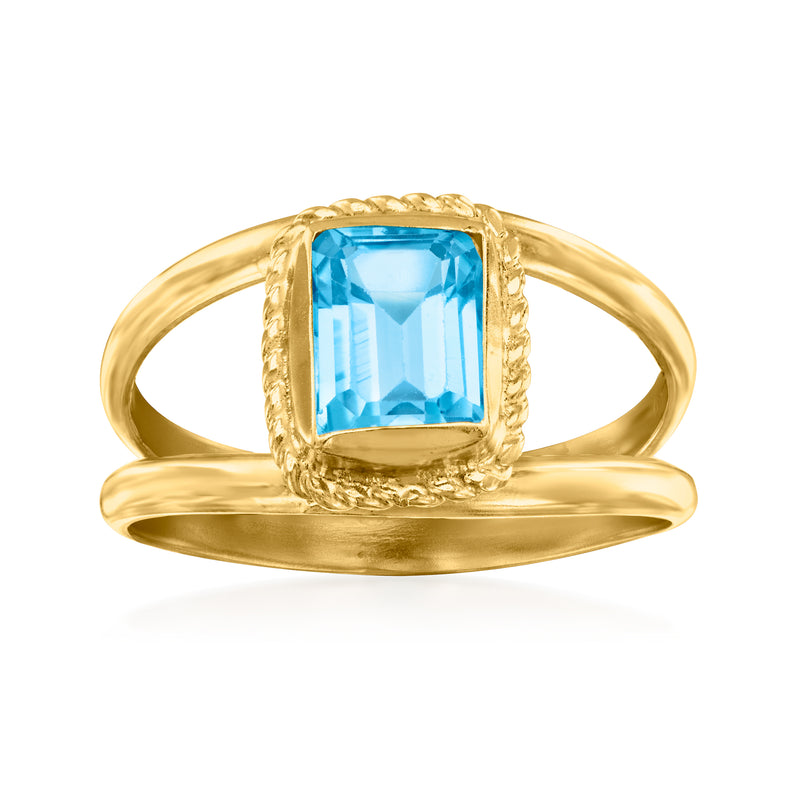 Gold roped open-space ring with square blue topaz gemstone center