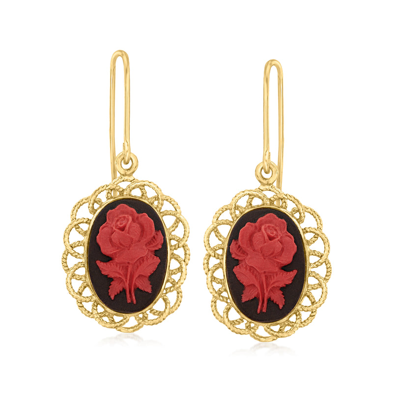 18kt gold over sterling cameo flower drop earrings with red and black oval centers