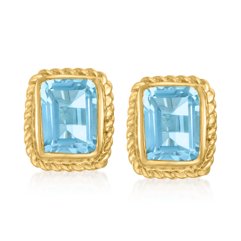 Blue topaz roped stud earrings in gold over sterling, square cushion stones