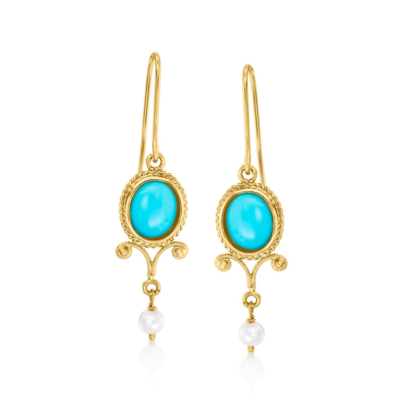 Gold drop earrings with oval turquoise cabochon and dangling cultured pearl