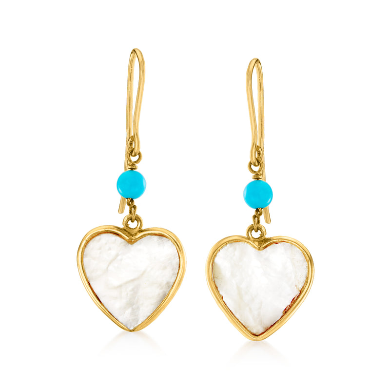 Gold heart drop earrings with turquoise bead and mother-of-pearl heart, earwire