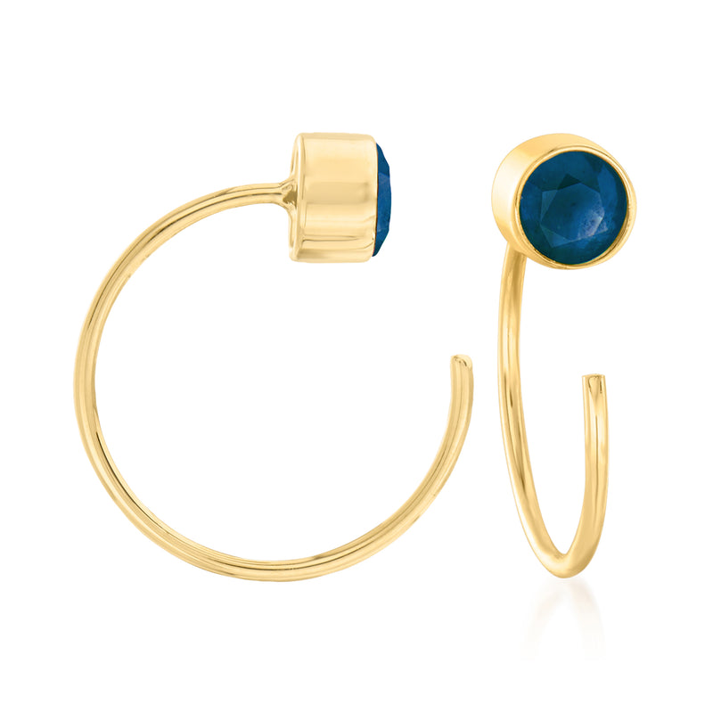 14kt yellow gold C-hoop earrings with round blue sapphire bezel setting