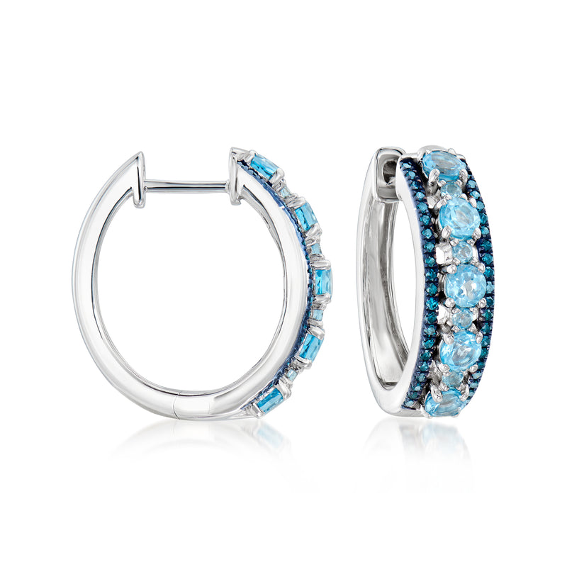 Sterling silver hoop earrings with blue gemstone and diamond accents