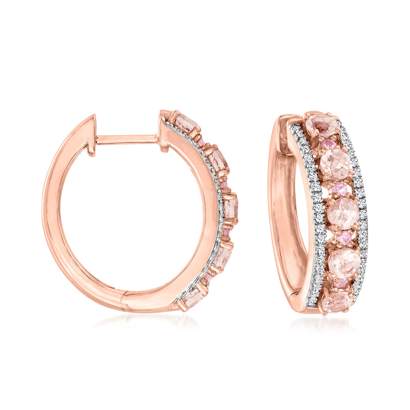 Rose gold hoop earrings with morganite, pink sapphire, and diamond accents