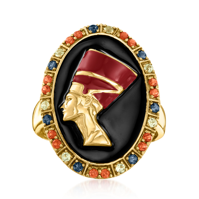 Oval enamel portrait ring with gold Egyptian head, blue and red gem border, gold setting
