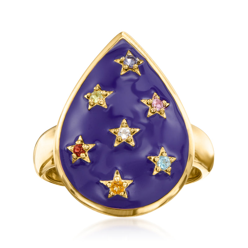 Gold-tone teardrop ring with purple enamel, star-shaped gemstone accents