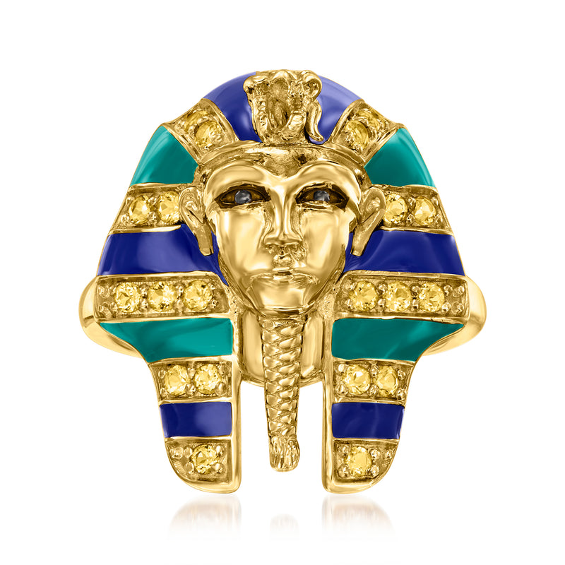 Gold-tone King Tut ring with blue enamel panels and central face detail