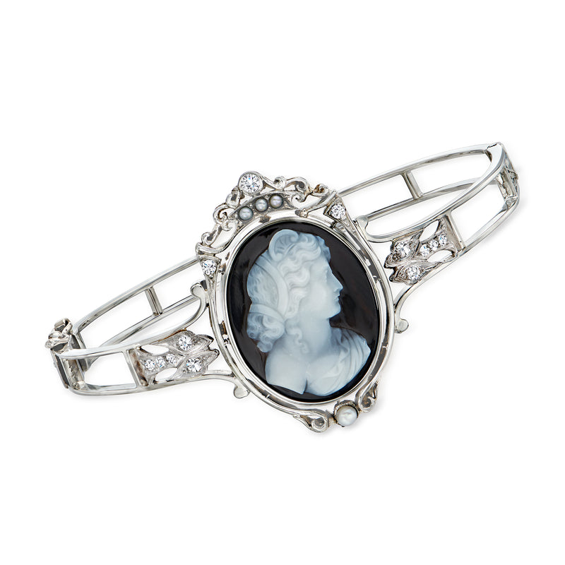 Oval black agate cameo bangle bracelet in 14kt white gold with diamond accents