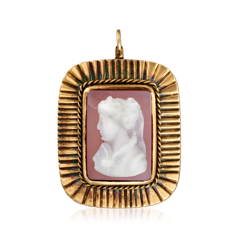 14kt yellow gold cameo pin with pink agate and white relief figure