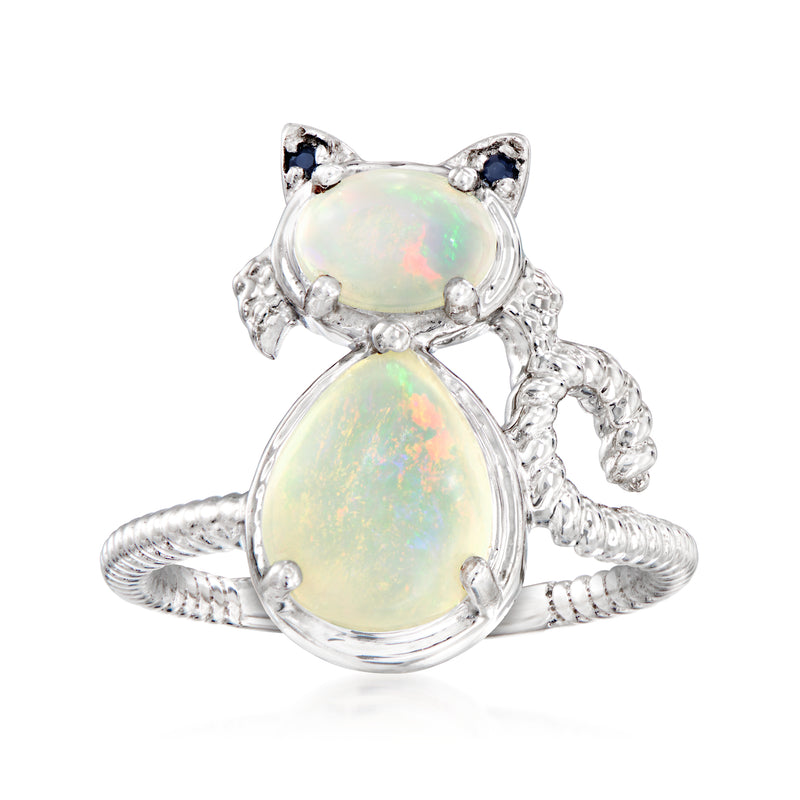 Sterling silver cat ring with opal cabochons and sapphire accents