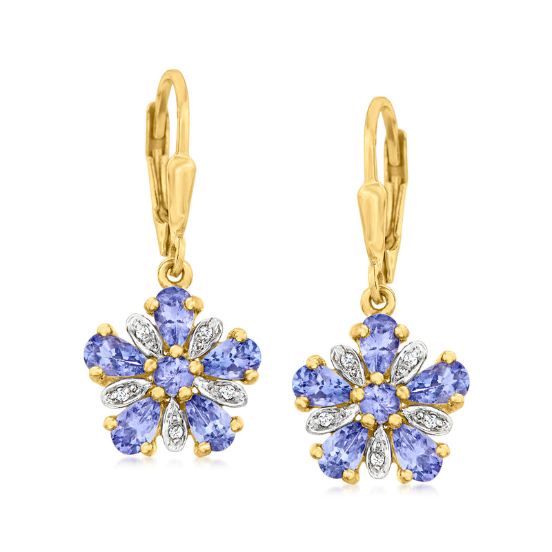 18kt gold over sterling flower drop earrings with blue stones and clear topaz accents, leverback