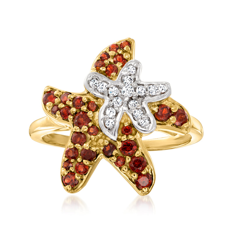 18kt gold over sterling starfish ring with red gemstone clusters and white round accents
