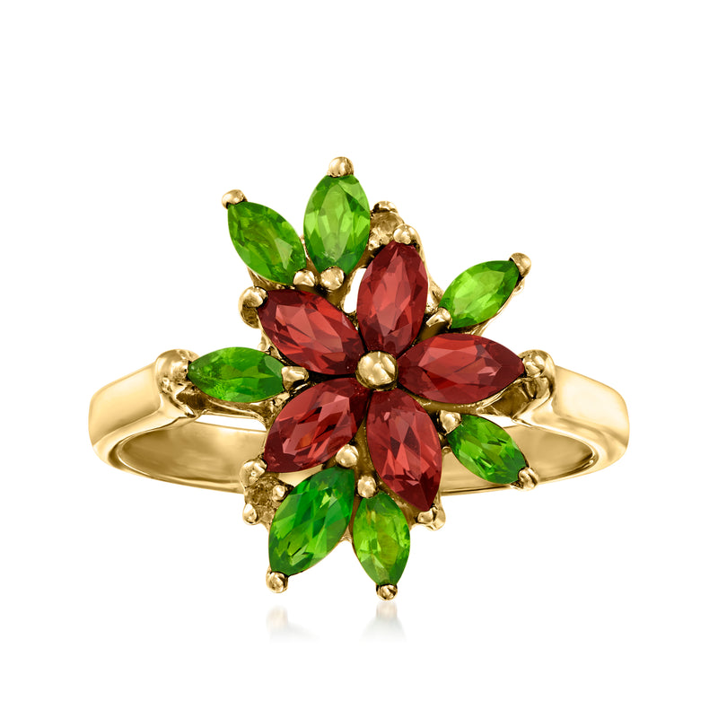 Gold-tone flower ring with red and green marquise gemstones, bezel-set, slim band