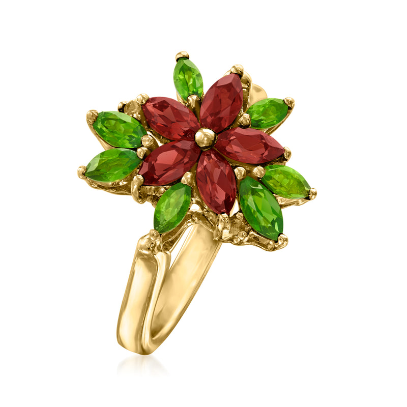 Gold-tone flower ring with red center marquise and green petal stones, raised setting