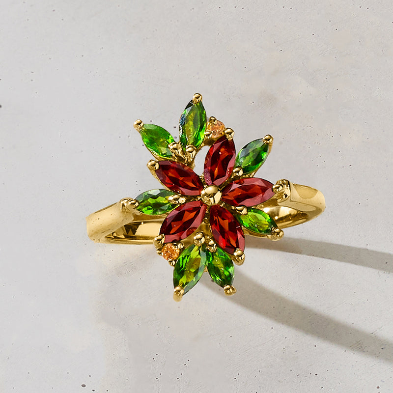 Gold-tone flower ring with red and green marquise stones, small gold prongs, open band