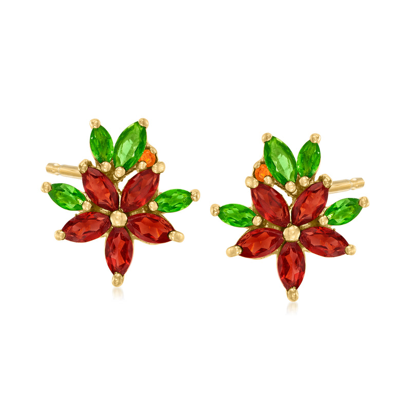 Multi-gem flower stud earrings in gold-tone setting, red and green stones