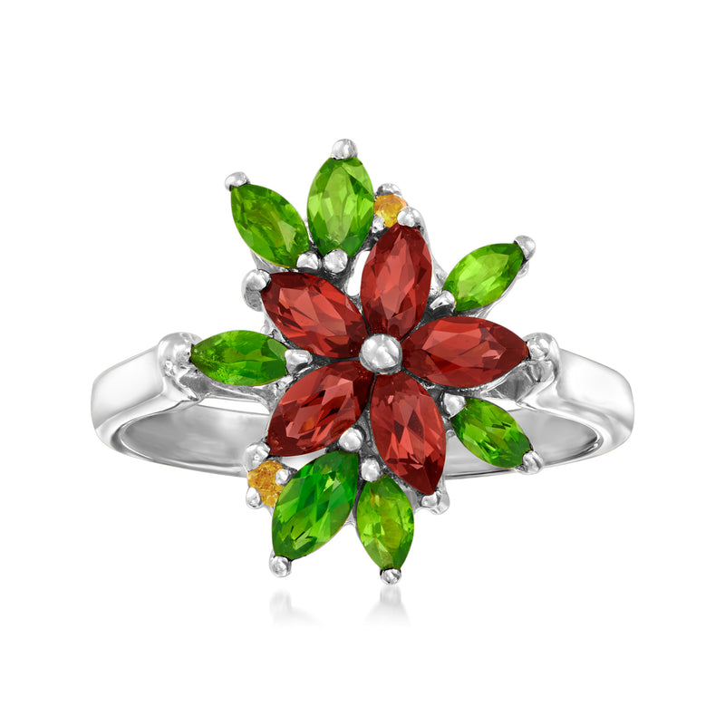 Sterling silver flower ring with red marquise and green leaf gemstones, small gold accents
