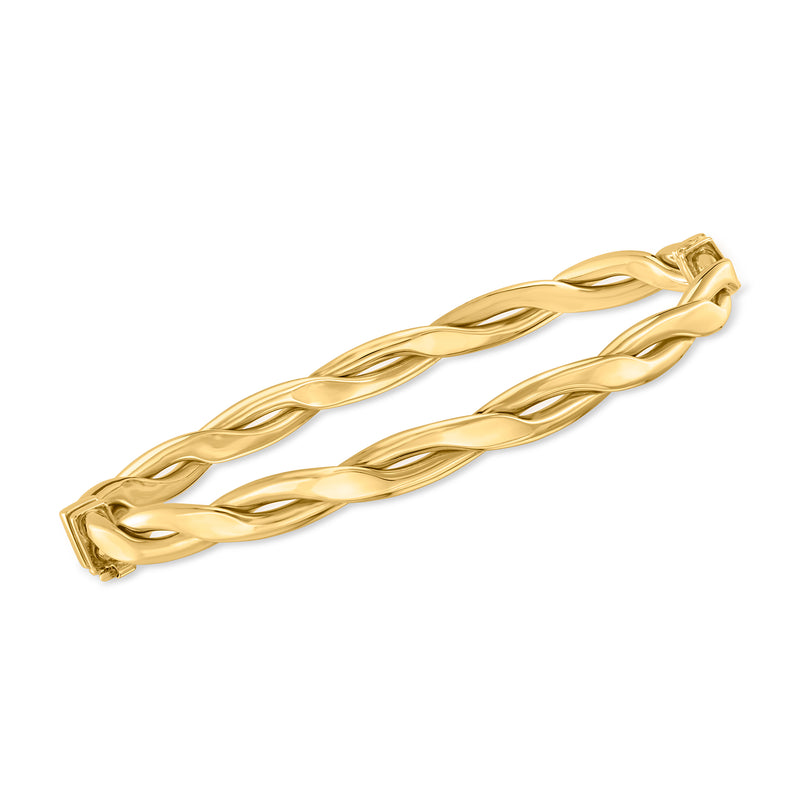 14kt yellow gold twisted oval bangle bracelet with braided link design