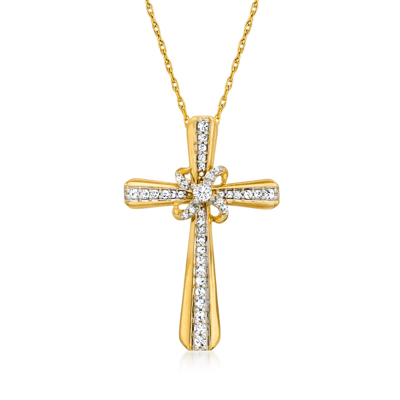 14kt yellow gold diamond cross pendant with baguette and round-cut accents