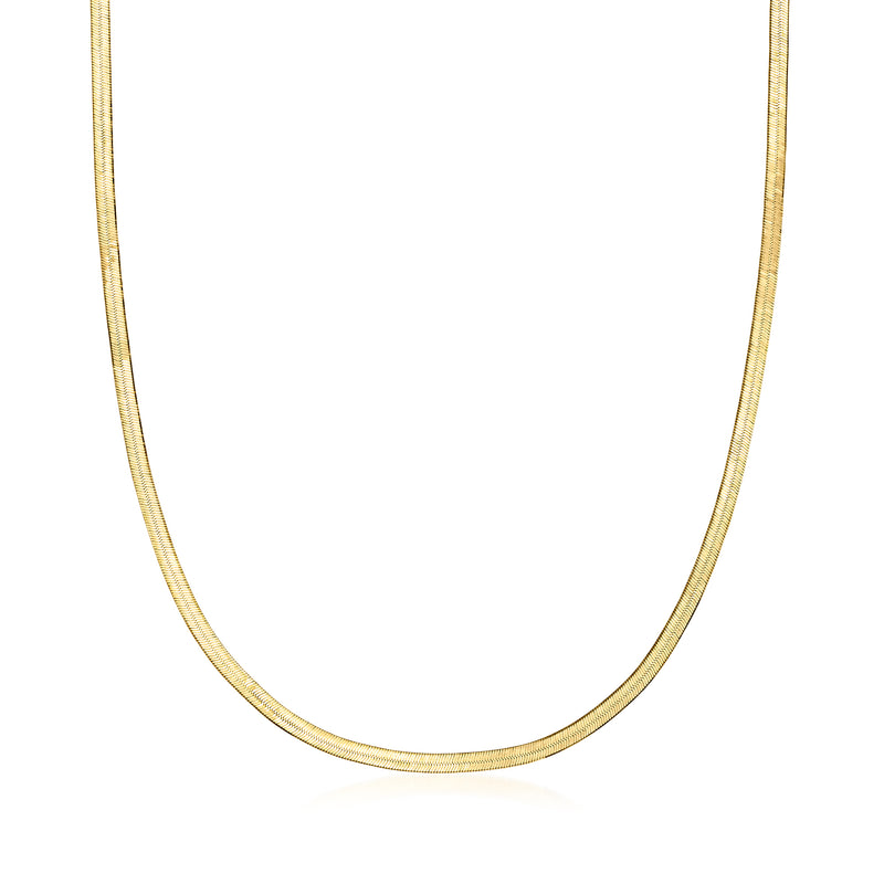 Yellow gold herringbone chain necklace, close-up view