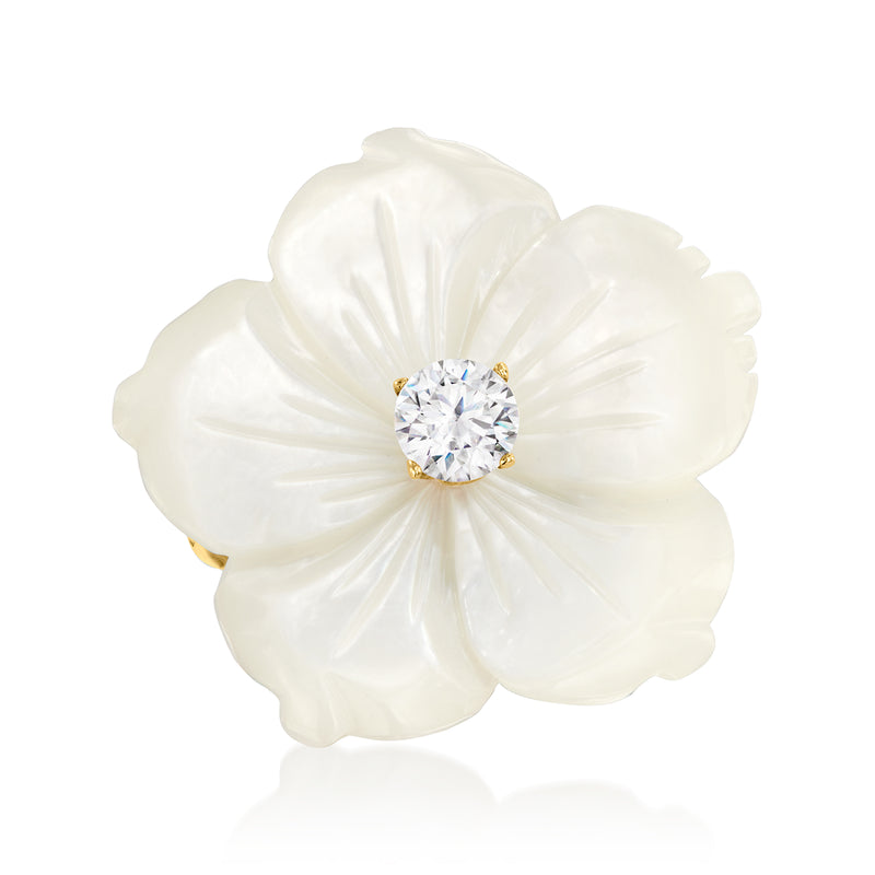 Gold flower ring with white mother-of-pearl petals and round CZ center, top view