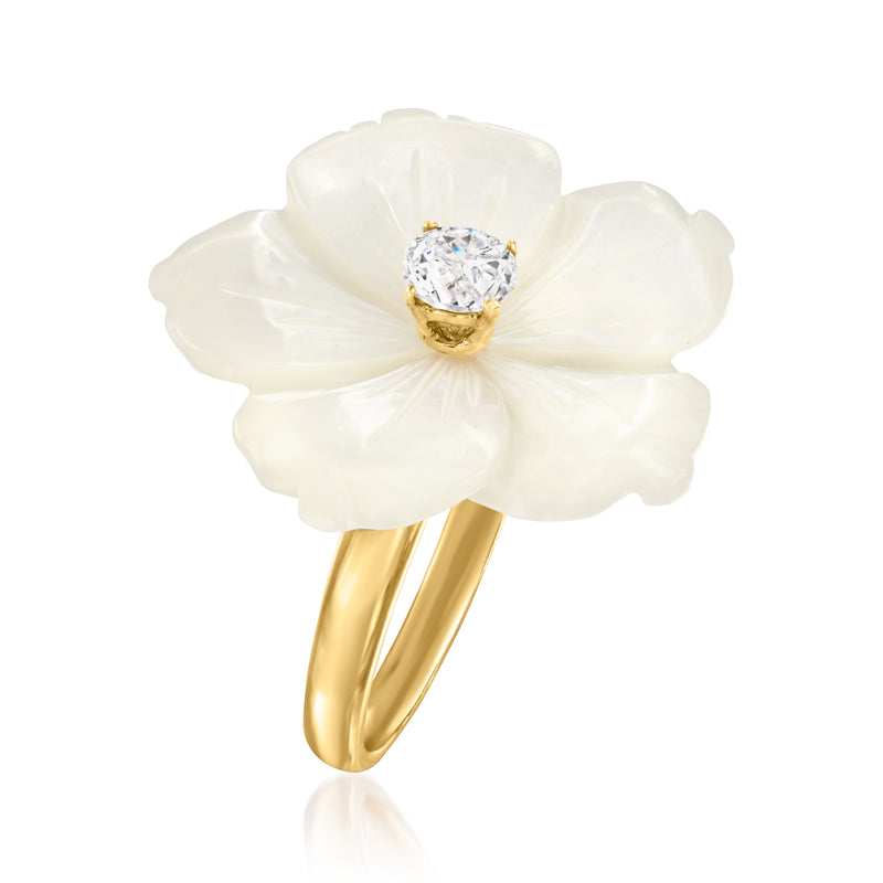 Gold flower ring angled view, white mother-of-pearl petals with round CZ center