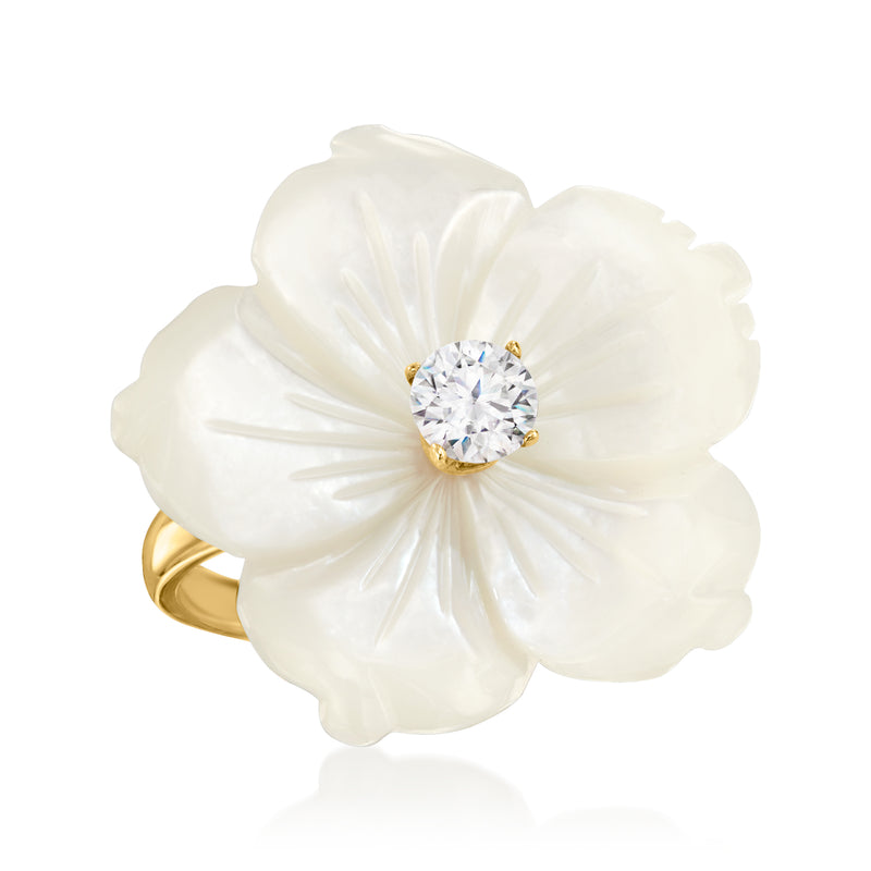 Gold mother-of-pearl flower ring with round CZ center, side angle