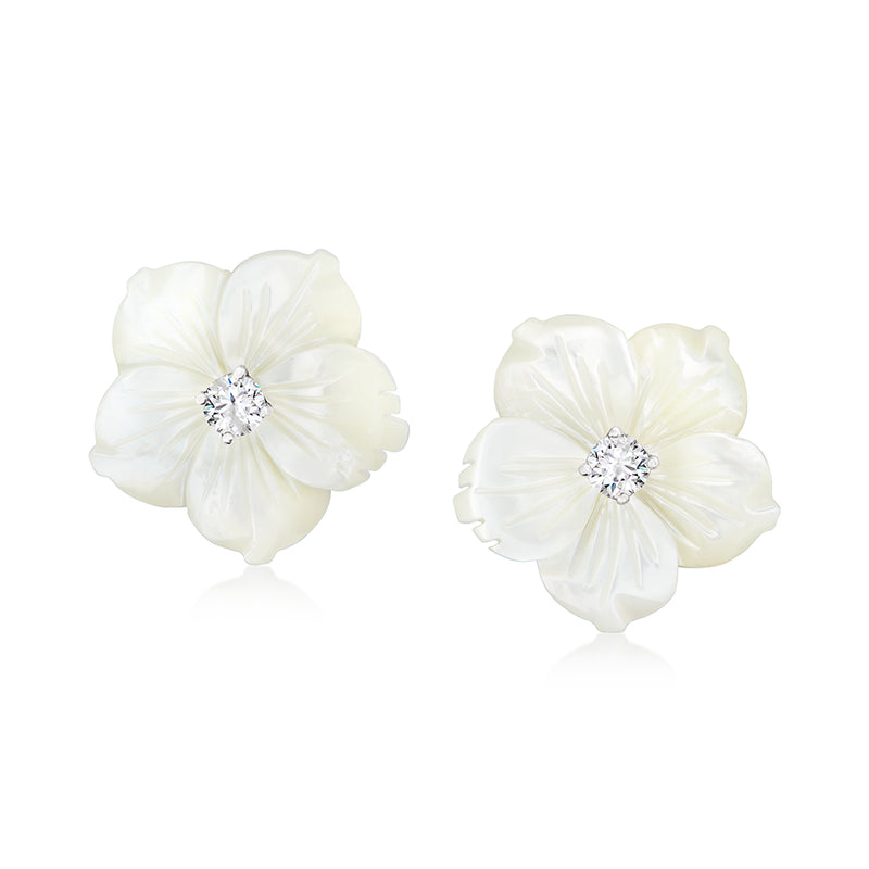 Mother-of-pearl flower stud earrings with round CZ center, sterling silver