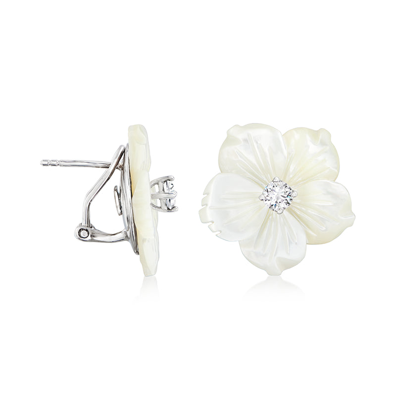 Sterling silver stud earrings with mother-of-pearl flower and butterfly back
