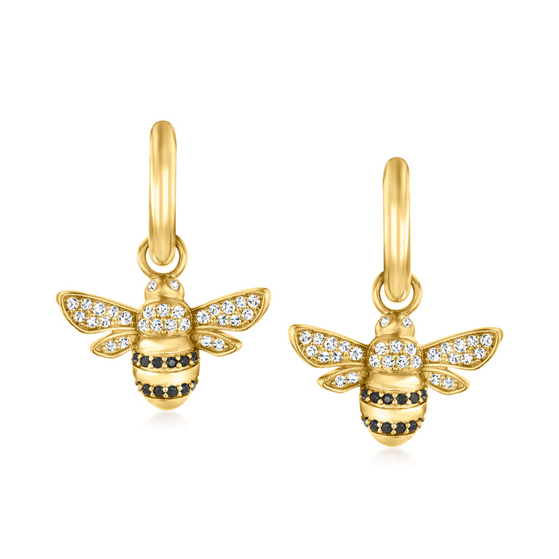 Gold huggie hoop earrings with removable bee charm, white and black CZ accents