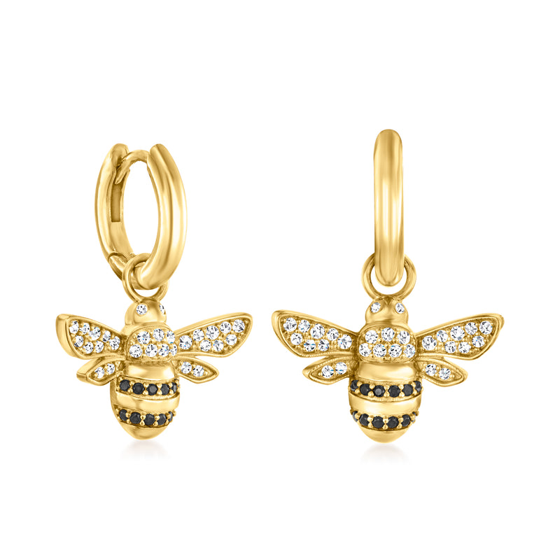 Gold bee charm huggie hoop earrings with sparkle white stones and black enamel stripes